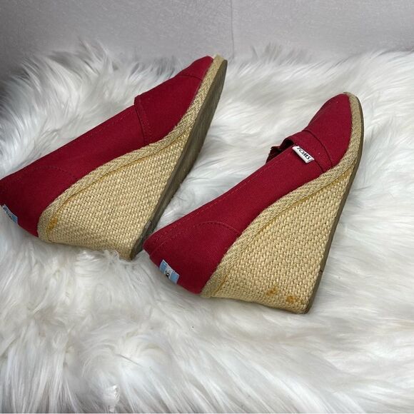 Toms Calypso Red Canvas Peep Toe Wedge Espadrille 10 - Picture 8 of 8